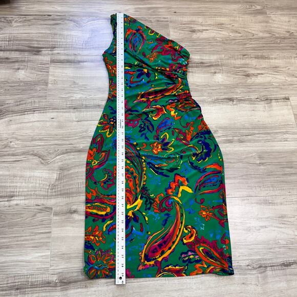 Lauren Ralph Lauren Dress One Shoulder Bodycon Festive Green Paisley Size 2 - Picture 7 of 9